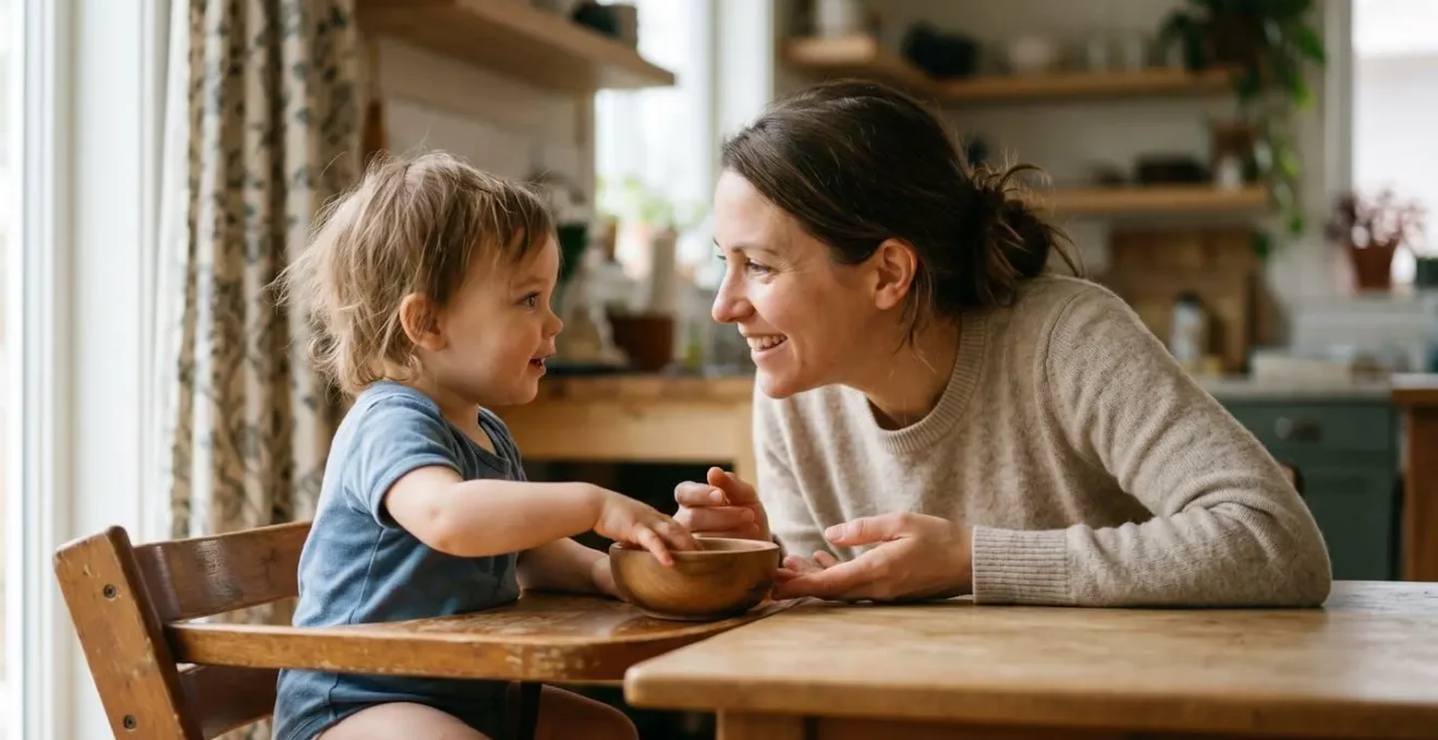 Parent and young child engaged in face-to-face conversation during daily activity, demonstrating natural language learning through interaction