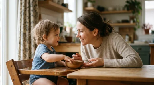 Parent and young child engaged in face-to-face conversation during daily activity, demonstrating natural language learning through interaction