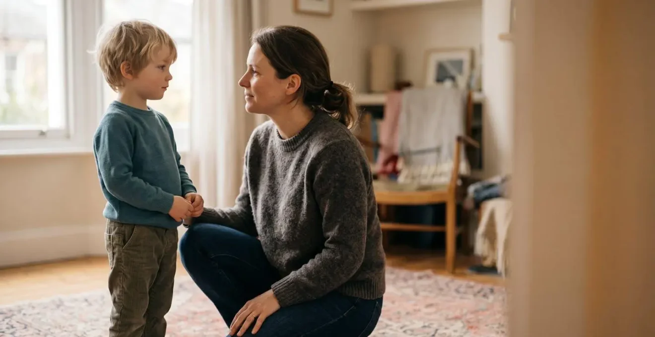 Parent and child sitting together in warm natural light, showing secure connection through calm boundary setting moment