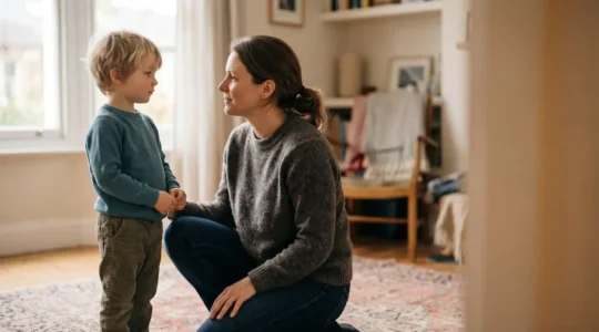 Parent and child sitting together in warm natural light, showing secure connection through calm boundary setting moment