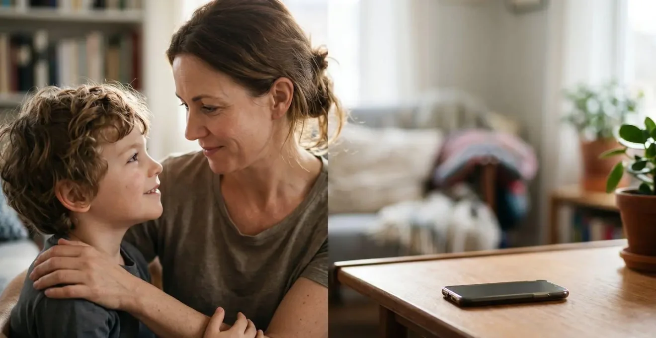 Parent and child engaged in eye contact during a moment of connection, with digital devices blurred in the background