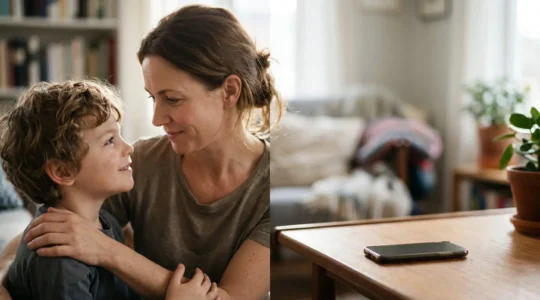 Parent and child engaged in eye contact during a moment of connection, with digital devices blurred in the background