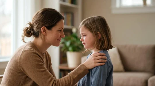 Parent and child in gentle eye contact during an emotional moment, showcasing the power of emotional validation