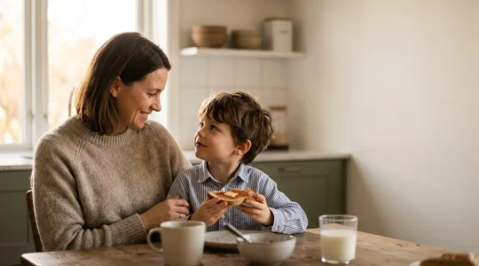 Parent and young child sharing a calm morning moment together during daily routine