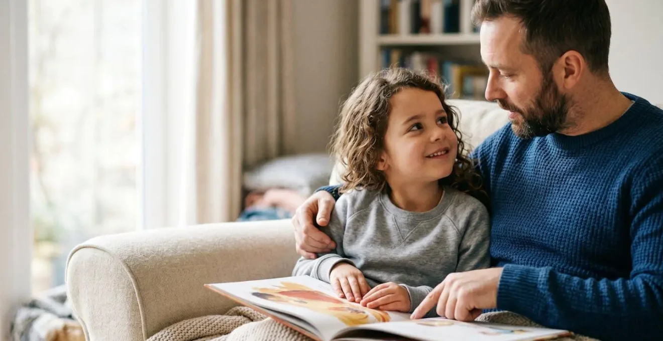Warm parent-child reading moment showing emotional connection and intimacy during shared storytime