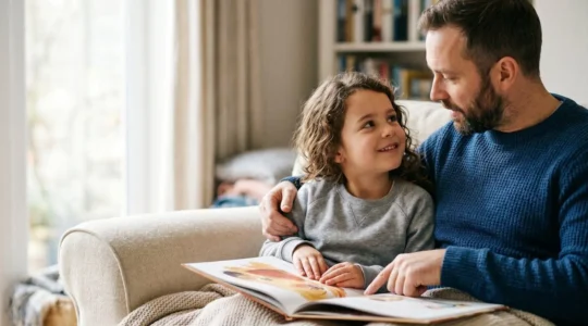Warm parent-child reading moment showing emotional connection and intimacy during shared storytime