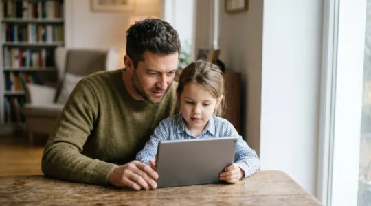 Parent and child thoughtfully reviewing educational content together on a tablet in natural light