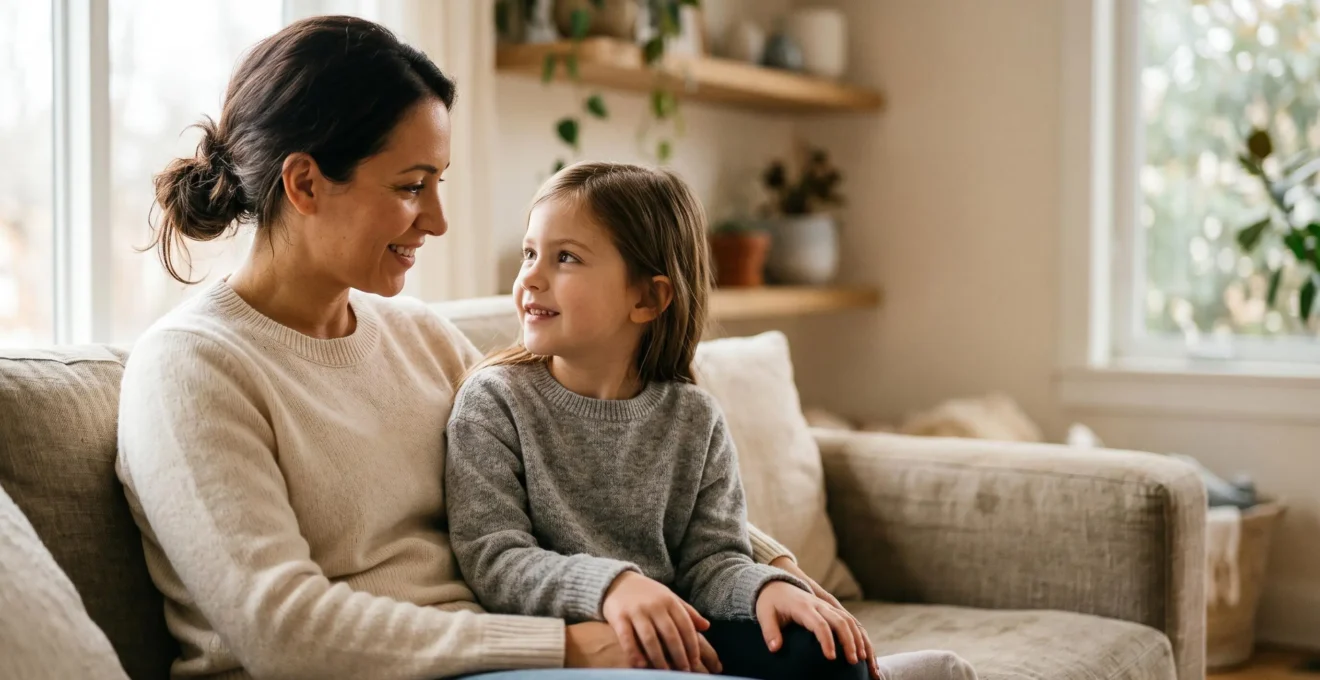 A parent and child sitting together in warm natural light, engaged in calm conversation with gentle eye contact