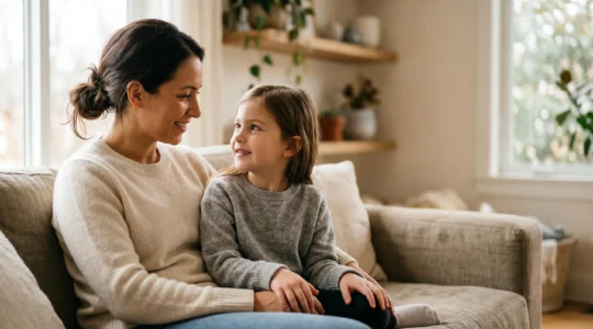 A parent and child sitting together in warm natural light, engaged in calm conversation with gentle eye contact