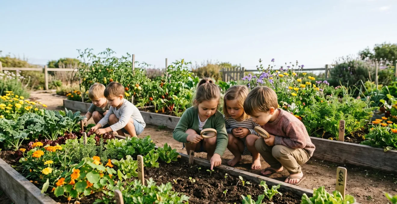 Young children discovering plants and insects in a vibrant garden setting during hands-on science exploration