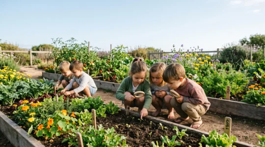 Young children discovering plants and insects in a vibrant garden setting during hands-on science exploration