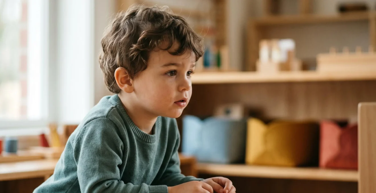 Young preschooler engaged in thoughtful observation during hands-on learning activity