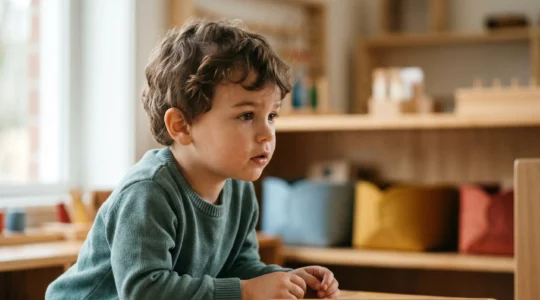 Young preschooler engaged in thoughtful observation during hands-on learning activity