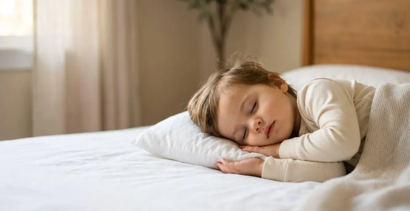 Peaceful sleeping child in natural bedroom light showing healthy sleep patterns and brain development
