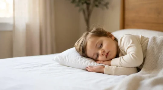 Peaceful sleeping child in natural bedroom light showing healthy sleep patterns and brain development