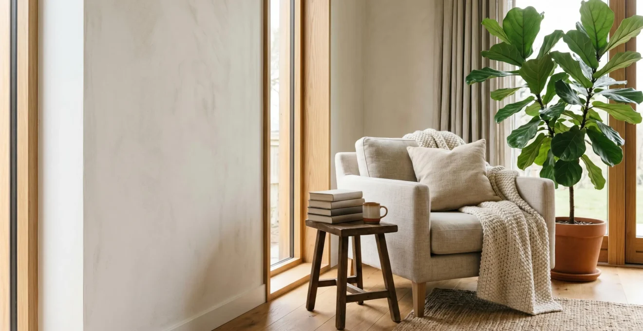 Peaceful home corner with soft natural light, cozy textiles, and inviting space for unplugged family connection and rest