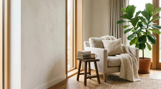 Peaceful home corner with soft natural light, cozy textiles, and inviting space for unplugged family connection and rest