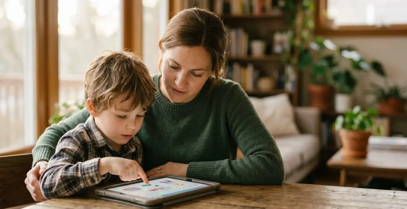 Parent and child engaged in interactive digital learning together at home