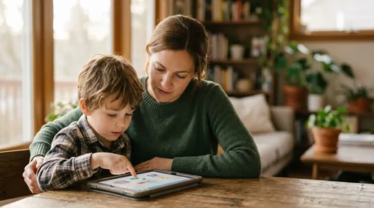 Parent and child engaged in interactive digital learning together at home