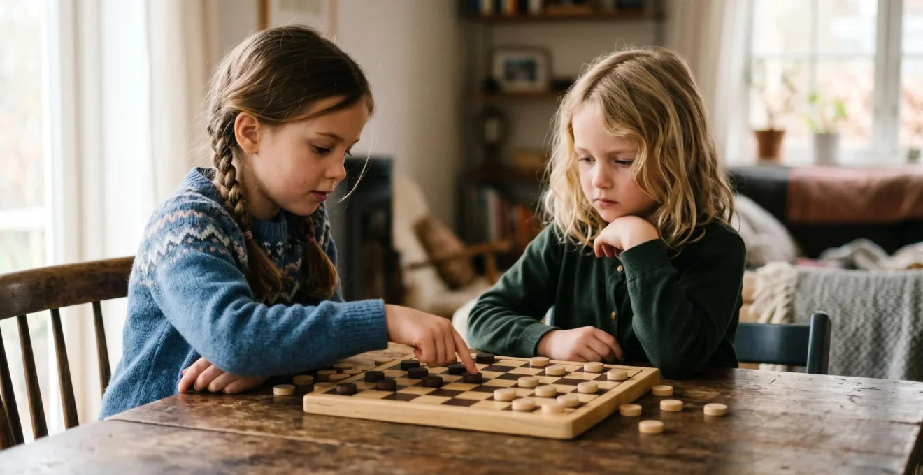 Children engaged in thoughtful strategic game play, demonstrating planning and forward thinking skills