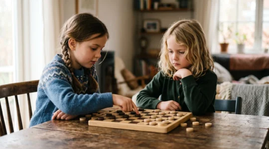 Children engaged in thoughtful strategic game play, demonstrating planning and forward thinking skills