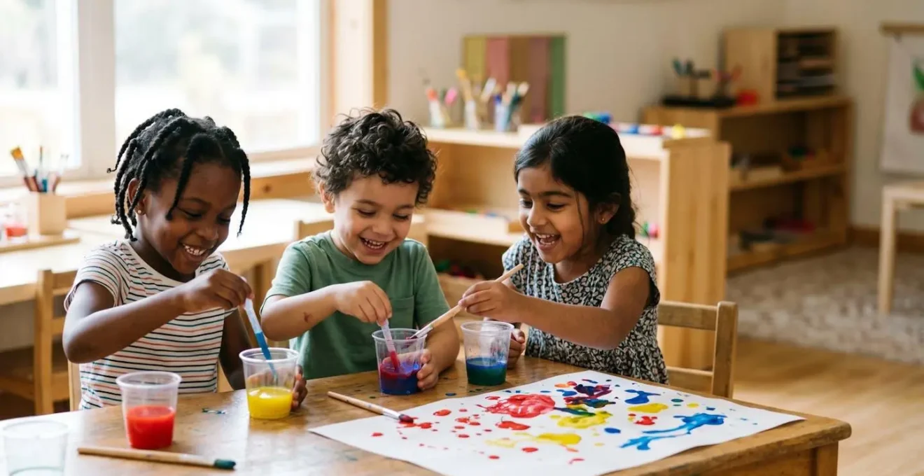 Young children engaged in hands-on color mixing activity with primary color paints and exploration materials