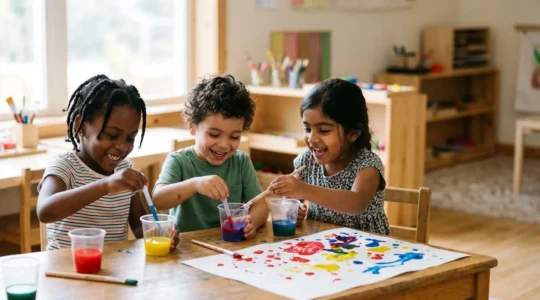 Young children engaged in hands-on color mixing activity with primary color paints and exploration materials