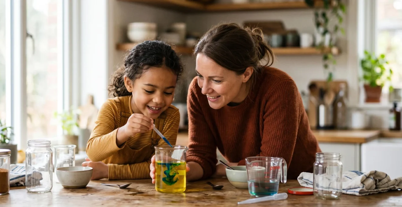Parent and child conducting playful kitchen science experiment together with natural ingredients