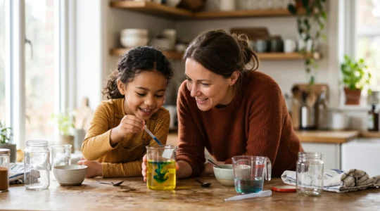 Parent and child conducting playful kitchen science experiment together with natural ingredients