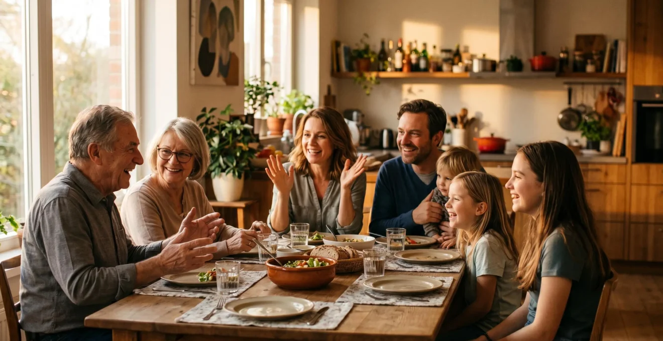 Warm family dinner scene with natural connection and eye contact around a table without digital devices