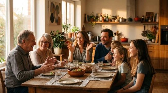 Warm family dinner scene with natural connection and eye contact around a table without digital devices