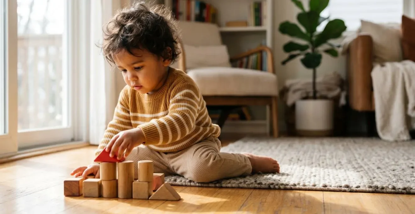Young toddler engaged in hands-on STEM exploration with colorful building blocks and educational materials in a bright home learning environment