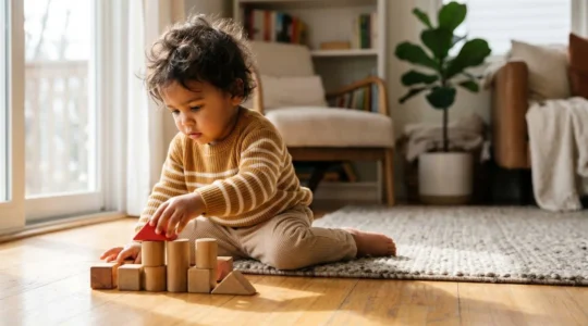 Young toddler engaged in hands-on STEM exploration with colorful building blocks and educational materials in a bright home learning environment