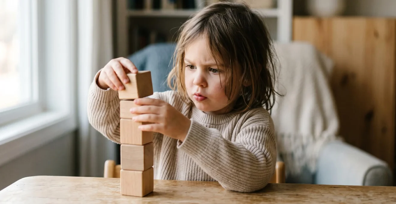 Young child engaged in focused concentration activity showing prefrontal cortex development through executive function practice