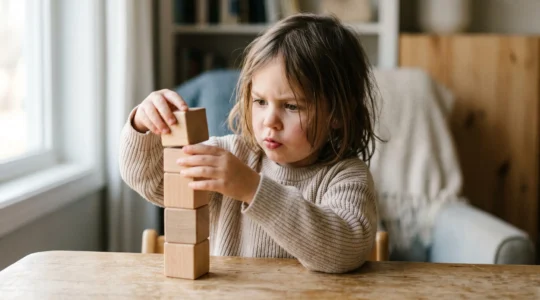 Young child engaged in focused concentration activity showing prefrontal cortex development through executive function practice